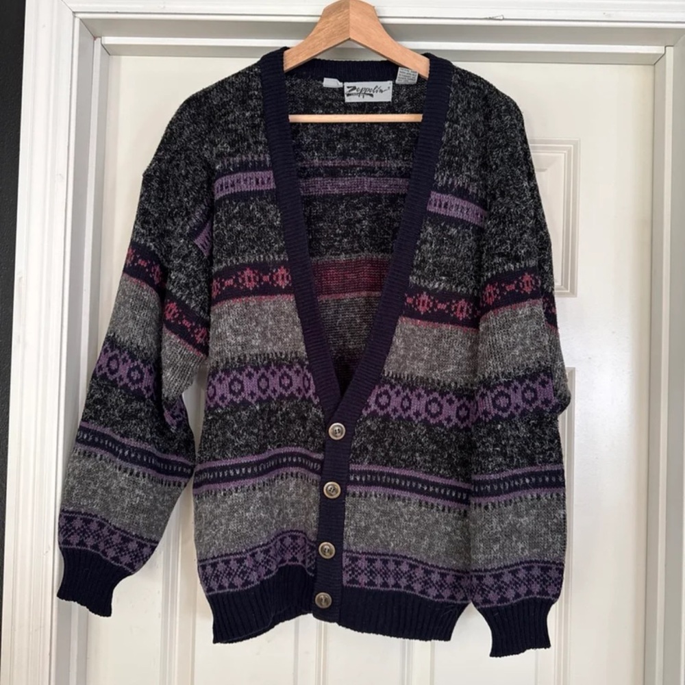 Zipcode Patterned Wool-Blend Cardigan - Gray with Purple Accents